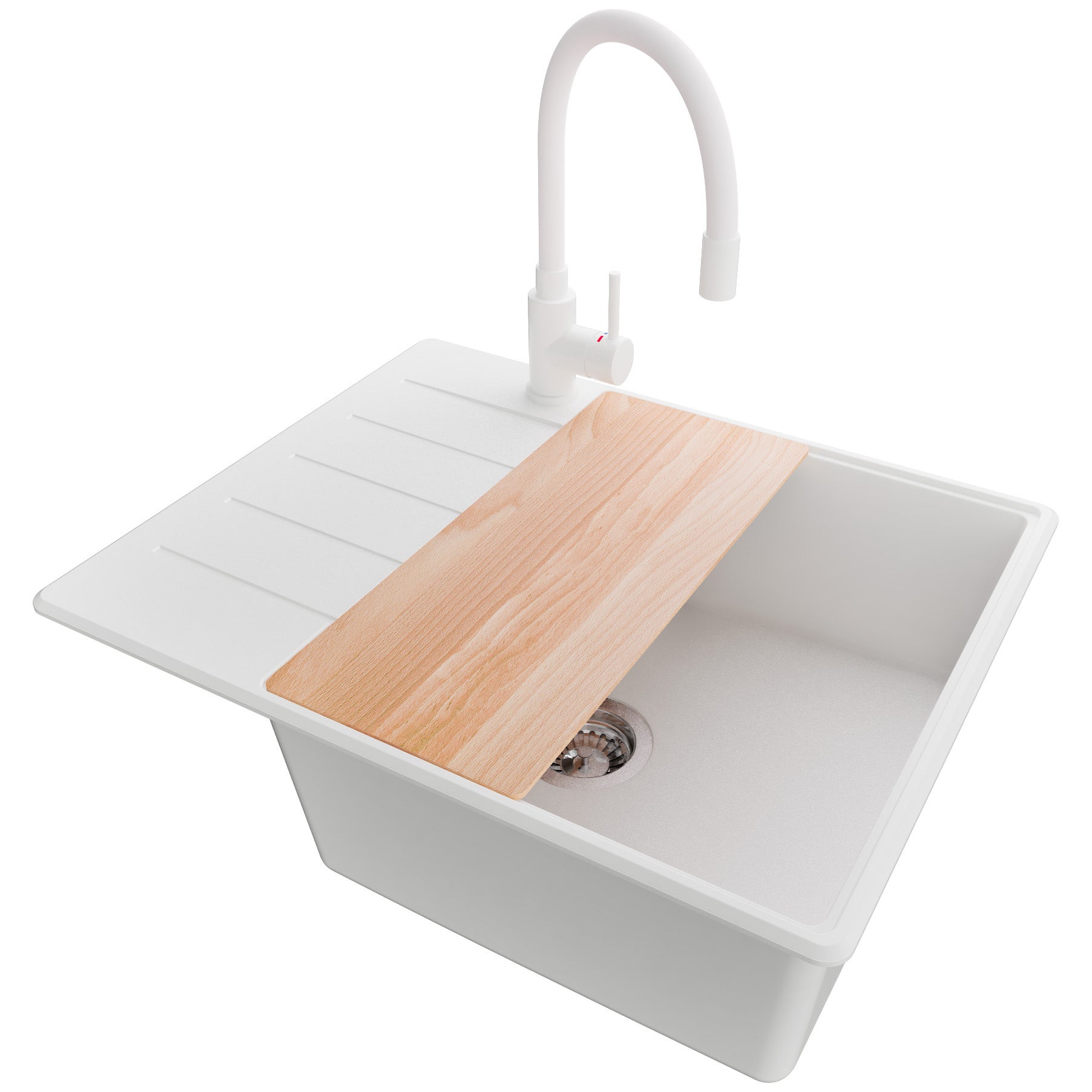 Zlewozmywak Granitowy Biały 62x50cm, Zlew Kuchenny 1 Komorowy + Bateria 38x14cm + Syfon + Deska, Nablatowy do szafki od 50cm - Kopenhaga PRIMAGRAN