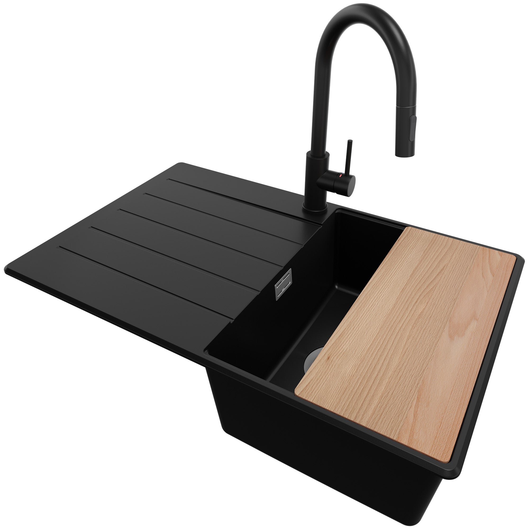 Zlewozmywak Granitowy Czarny 78x50cm, Zlew Kuchenny 1 Komorowy + Bateria 40x20cm + Syfon + Deska, Nablatowy do szafki od 45cm - Kopenhaga PRIMAGRAN