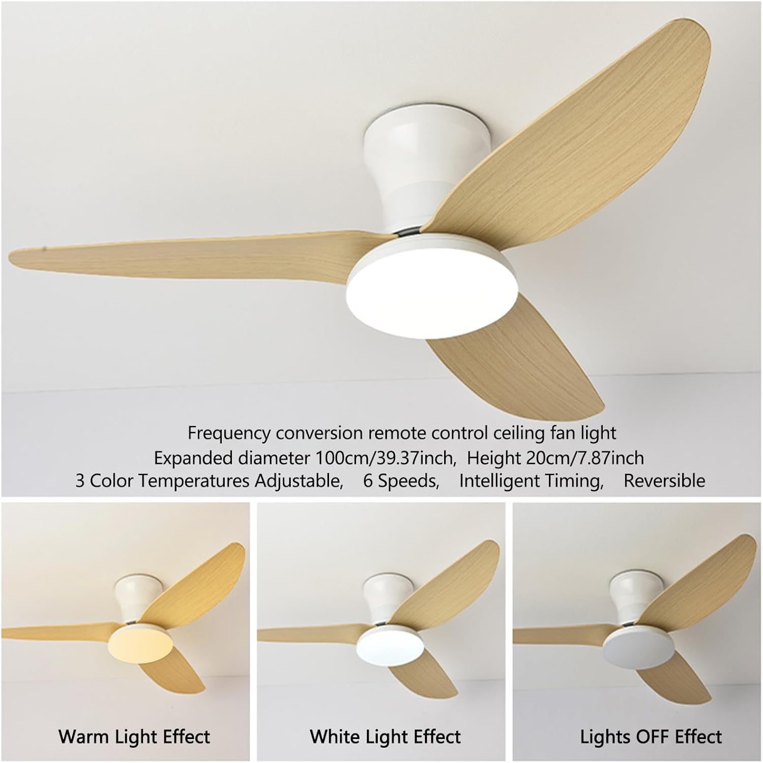 Ventilateur de plafond 100 cm avec lumière, télécommande/contrôle par application, gradation continue, 6 vitesses de vent, minuterie, réversible - 9