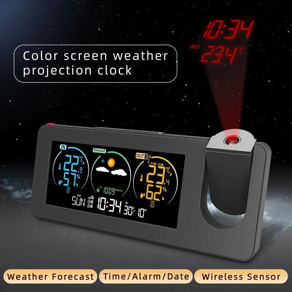 Réveil à Projection, Moniteur météo sans Fil, Station météo avec capteur extérieur, Température et humidité, prévisions météorologiques - 3