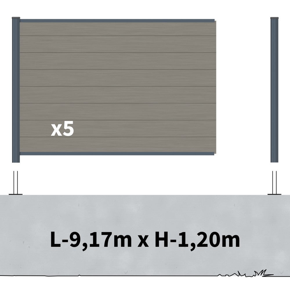 Kit Clôture Composite sur Muret RIO Platine 9x1,2m - Bois composite & Aluminium - Poteaux sur Platines Gris - Brise vue - 2
