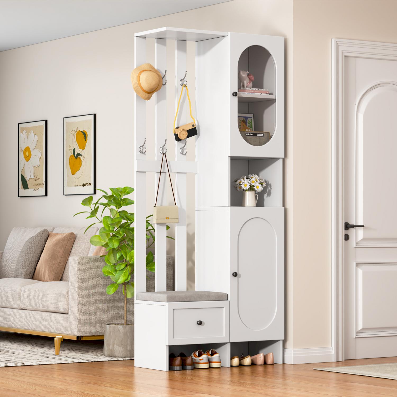 Appendiabiti Compatto Con Specchio E Panchina – 5 In 1: Specchio, Ripiano, Ganci, Seduta E Scarpiera, Bianco 90x34,5x190 Cm