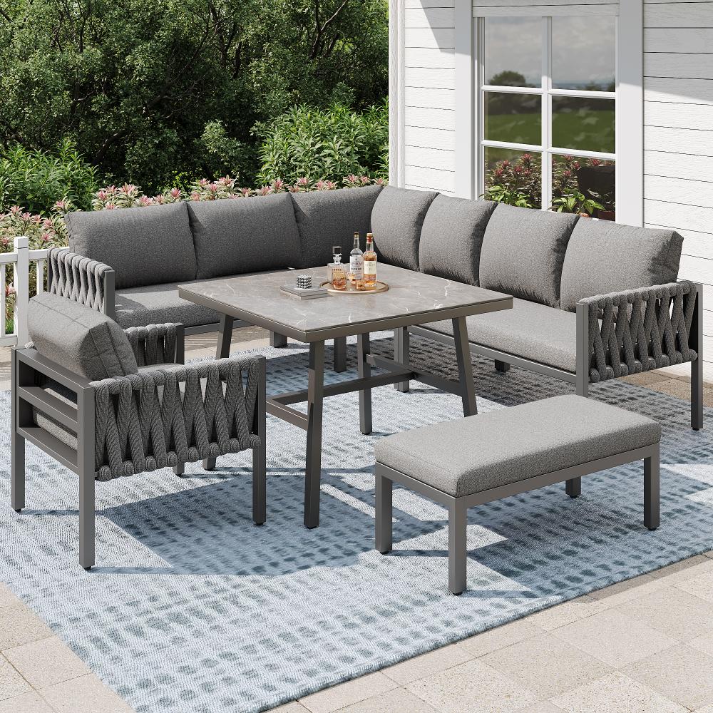 Conjunto de muebles de jardín moderno con estructura de hierro galvanizado, patas ajustables, sofá esquinero, mesa con vidrio templado - 4