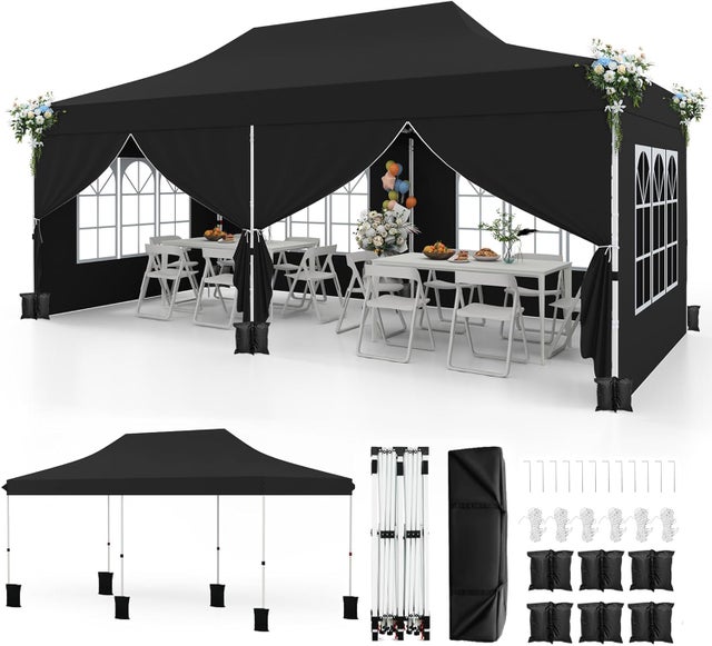 Tonnelle Pliable 3x6M avec 6 Parois Latérales, Barnum Tente de Réception Pliante Anti-UV 50+, Imperméable, 6 Sacs de Sable,Sac de Transport, Noir