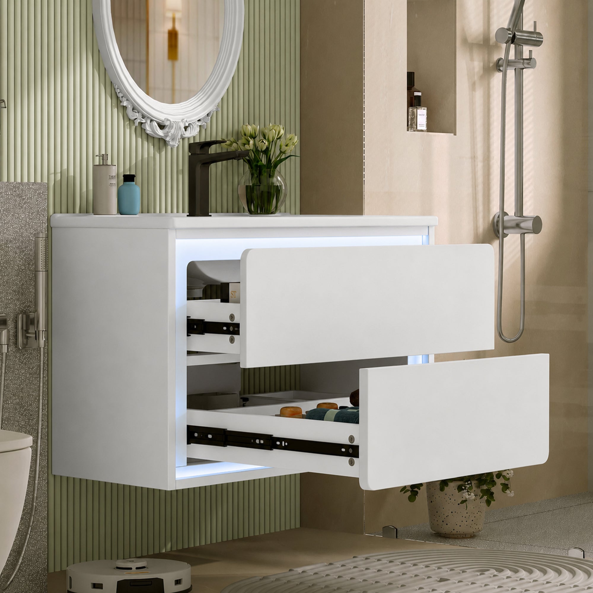 Meuble lavabo mural 76x46x48,5 cm, laque complète, éclairage LED à ...