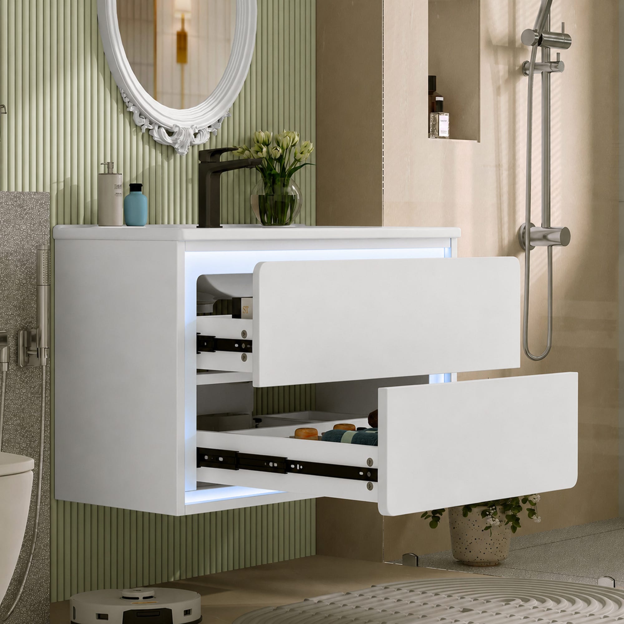 Led Fitting Complete Meuble lavabo mural 76x46x48,5 cm, laque complète, éclairage LED à ...