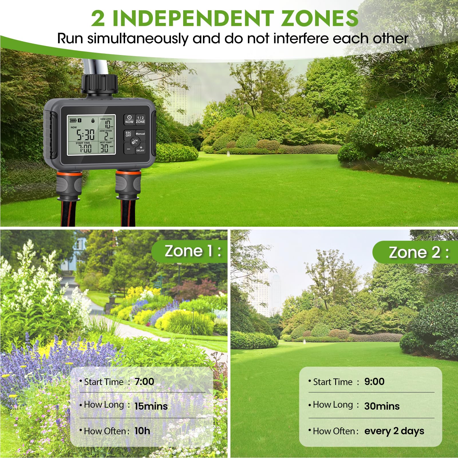 Ordinateur d'irrigation 2 sorties, minuterie d'arrosage de jardin avec retard de pluie/mode automatique et manuel, IPX5 étanche/grand écran LCD - 9
