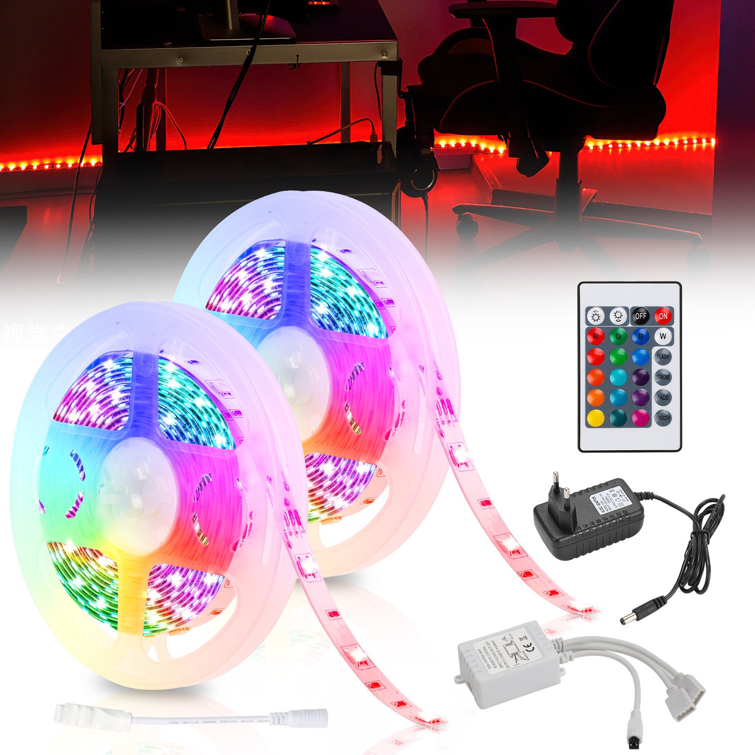 Taśma LED 10M (5mx2) 5050SMD RGB 300LED z 24-przyciskowym pilotem + zasilacz 12V do montażu na ścianie tylnej imprezy