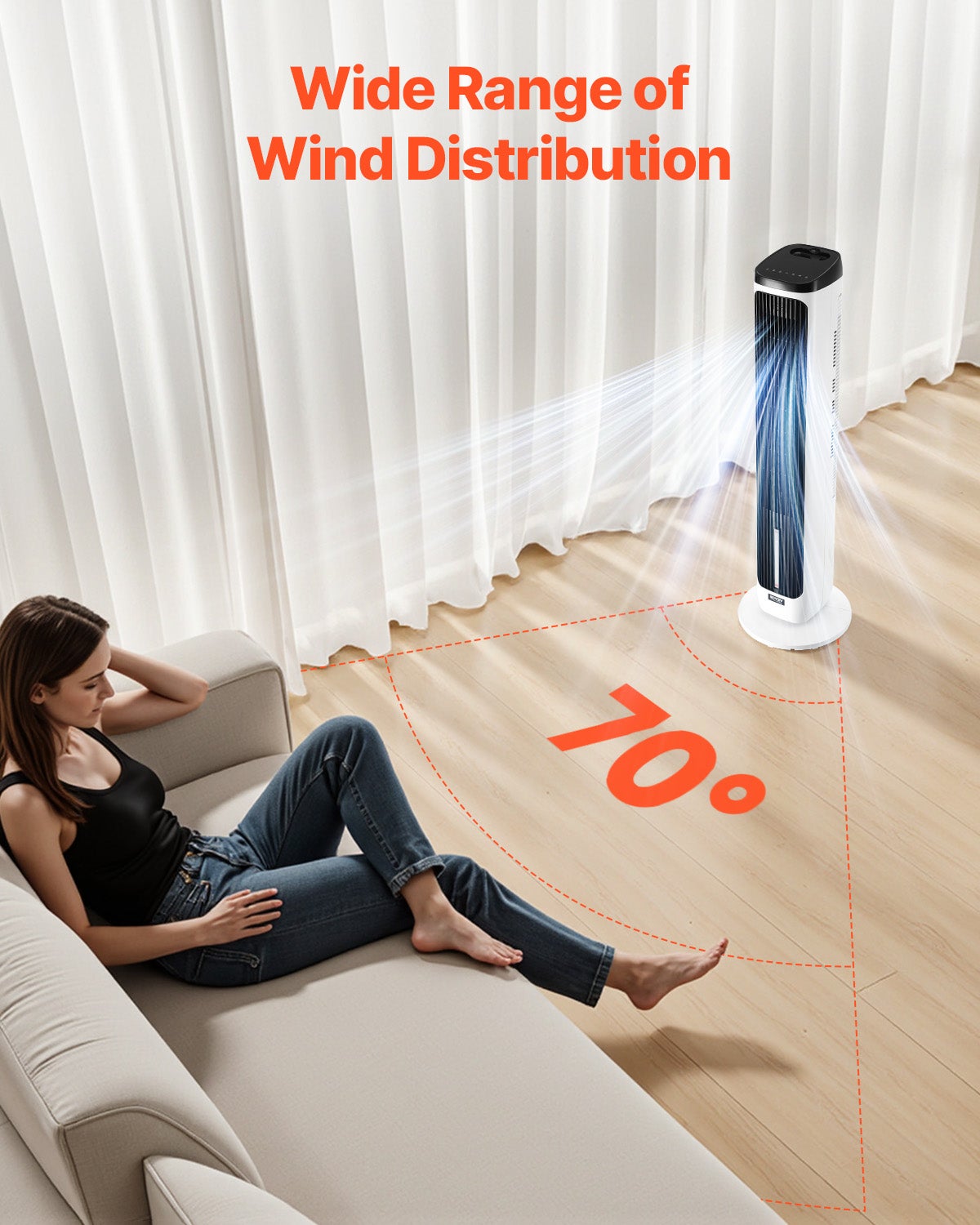 Ventilateur Colonne 1017 mm, Tour Oscillant 70° Silencieux, 7 m/s, Vitesses Réglables, Minuterie 24 h, Télécommande, Chambre, Bureau VEVOR - 5