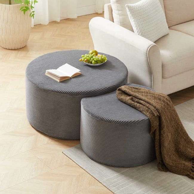 Set tavolini moderni pezzi, pouf rotondi imbottiti