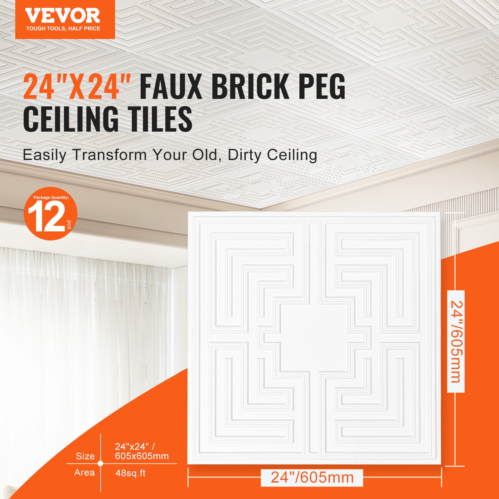 Dalles de Plafond PVC VEVOR Lot de 12, 605x605 mm, Découpe Facile, Pose avec Colle, Motif Echo Blanc, pour Maison et Bureau - 2