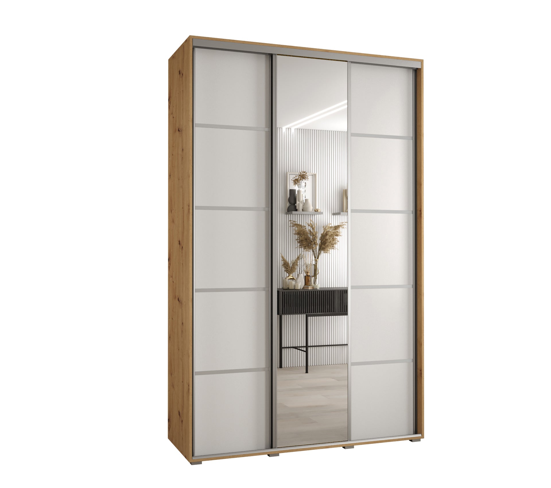 Szafa przesuwna z lustrem wysoka Davos 5 150 x 45 x 235,2 cm artisan + biały + u. srebrny - Abiks Meble