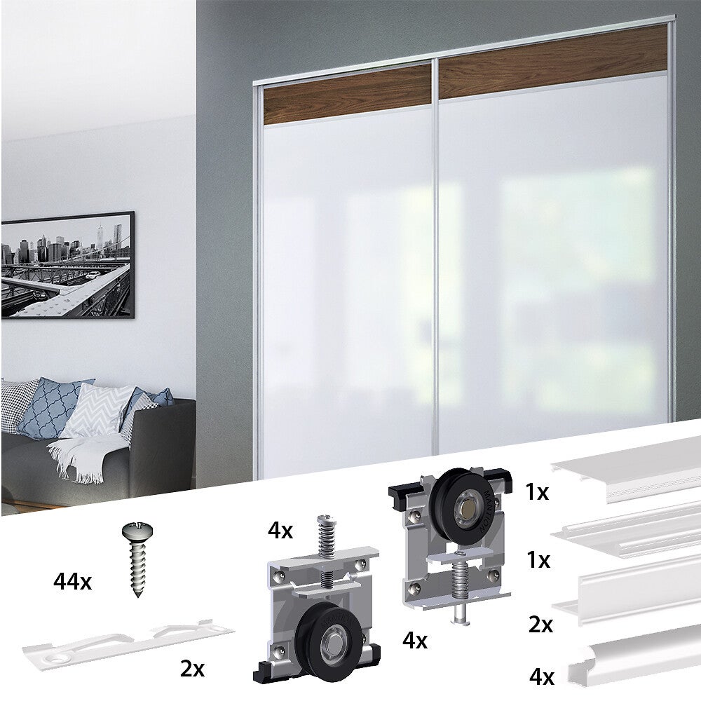 Kit SLID'UP 220 aluminium blanc pour 2 portes de placard coulissantes 18 mm - rail 1,8 m - 70 kg - 2