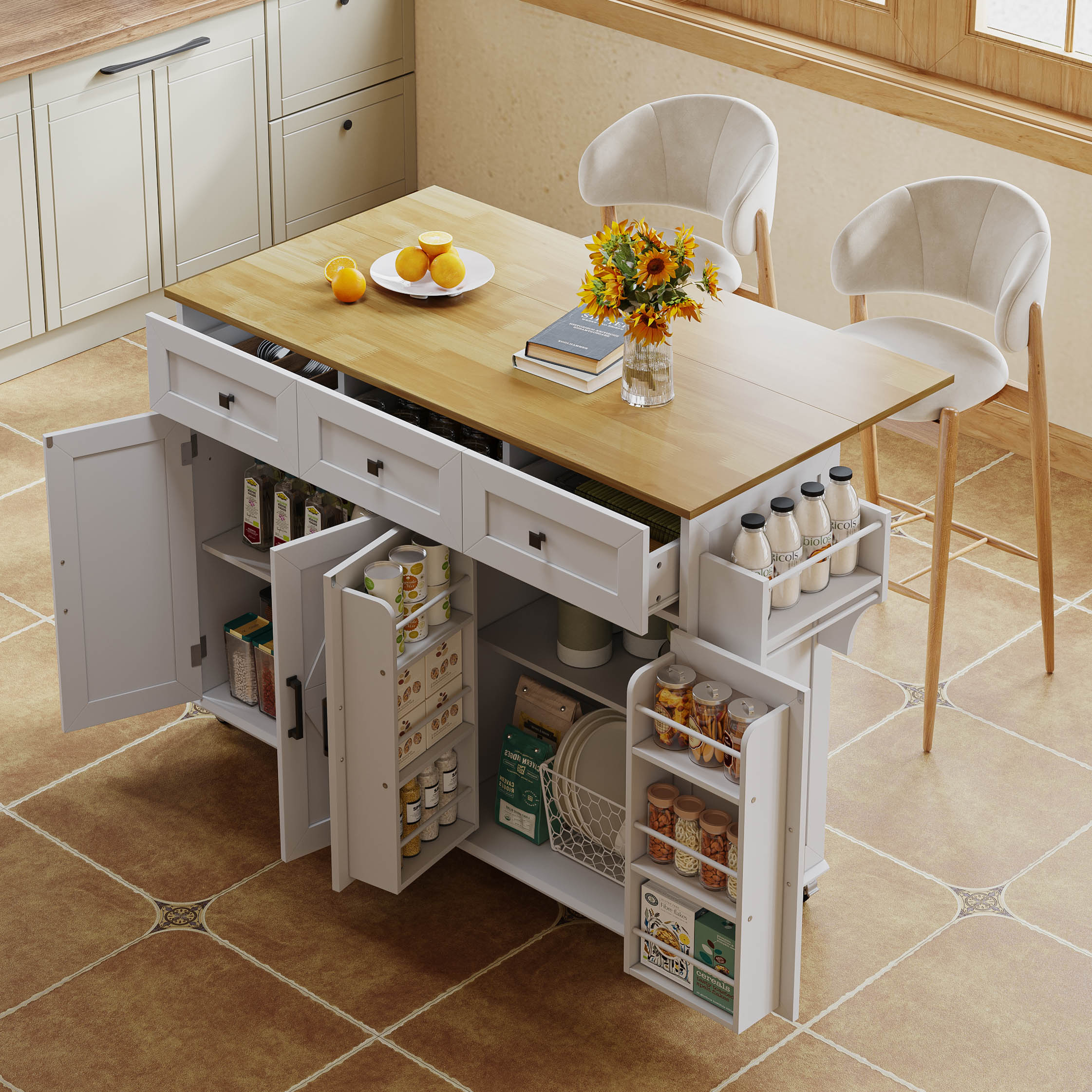 Îlot De Cuisine Chariot Avec Multiprise – Dimensions 151,5x84,7x91,7 Cm (ouvert), Plan De Travail, Tiroirs, Roulettes, Noir