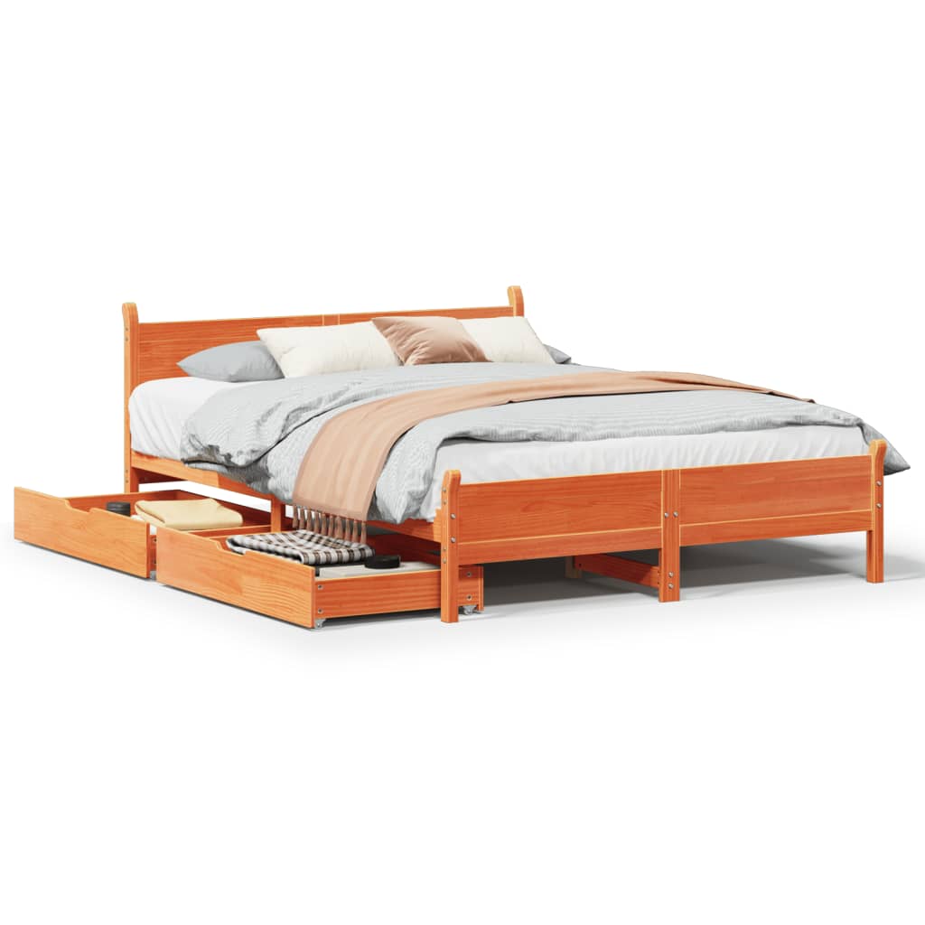 Lit Double Lit Adulte Cadre De Lit Sans Matelas Cire Marron