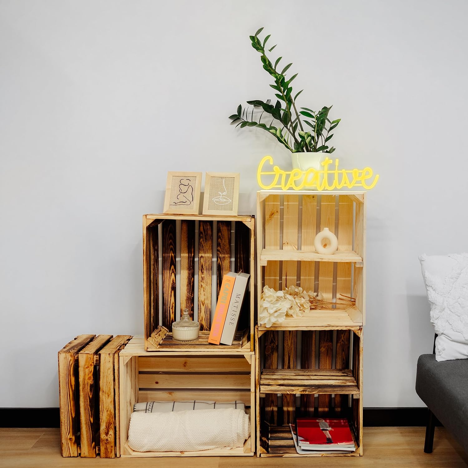 Creative Deco Caisse en Bois Naturel avec Etagere | 50x40x30 cm | Caisse de Rangement | Caisse Rangement Bois | Caisse Vin | Cagette Bois Deco - 2