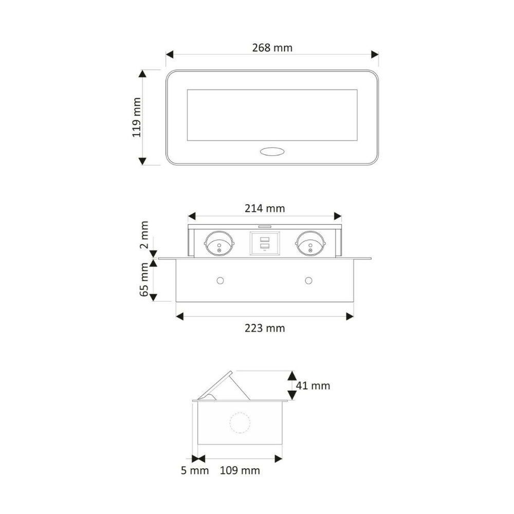 Multiprise Encastrable Escamotable avec 2 Prises SCHUKO + 2 Prises USB (A+C), Câble de 1,5 m – Pour Bureau et Table (Couleur Noir) - 6