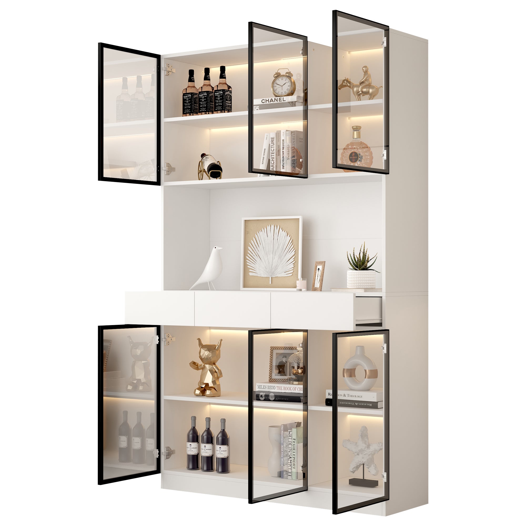 Vitrine avec 6 portes en verre et 3 tiroirs - 120 x 36 x 200 cm - LEDs - Panneaux de particules - Blanc - 4