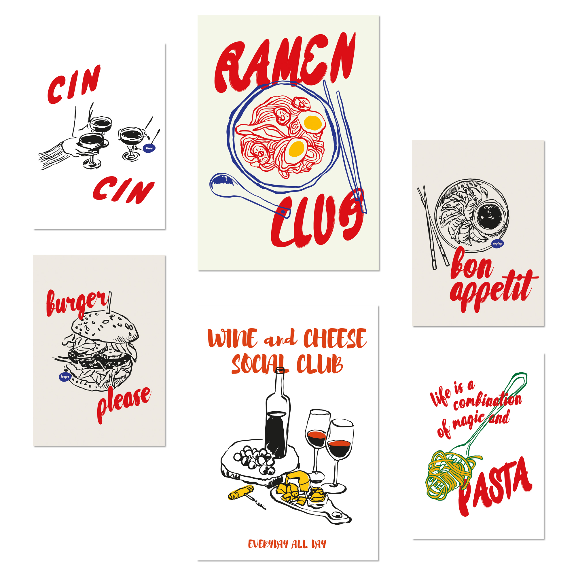 Nacnic set de 6 pósters ilustraciones de alimentos y comida estilo pop art ramen y pasta