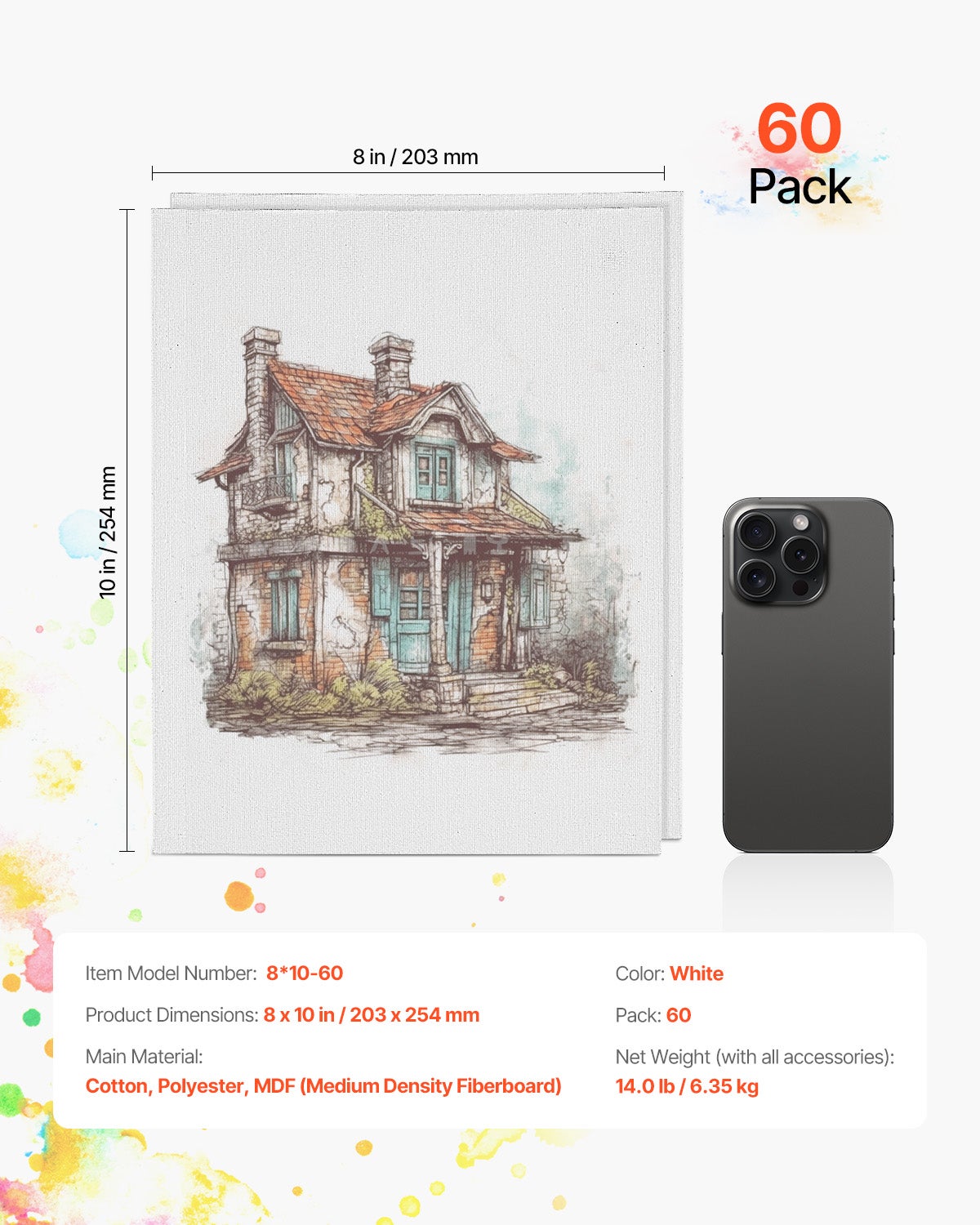 Toile Blanche Peinture,Lot de VEVOR 60,203x254 mm,Toile à Peindre pour Croquis,Peinture Acrylique et à l'Huile,pour Enfants et Professionnels - 7