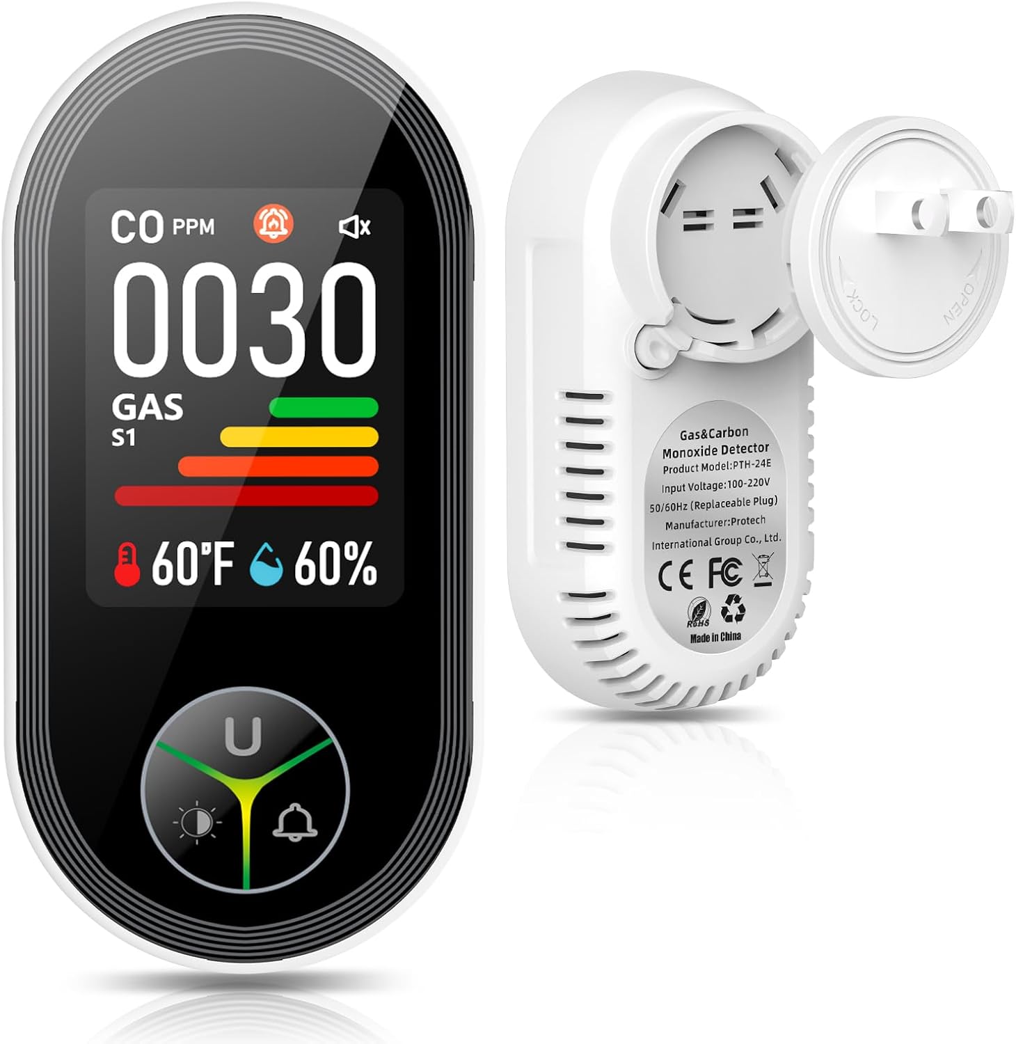 Détecteur De Monoxyde De Carbone (CO) Et Gaz Combustibles Avec Prise - PTH-24E, Mesure Température/humidité, écran LCD - Blanc