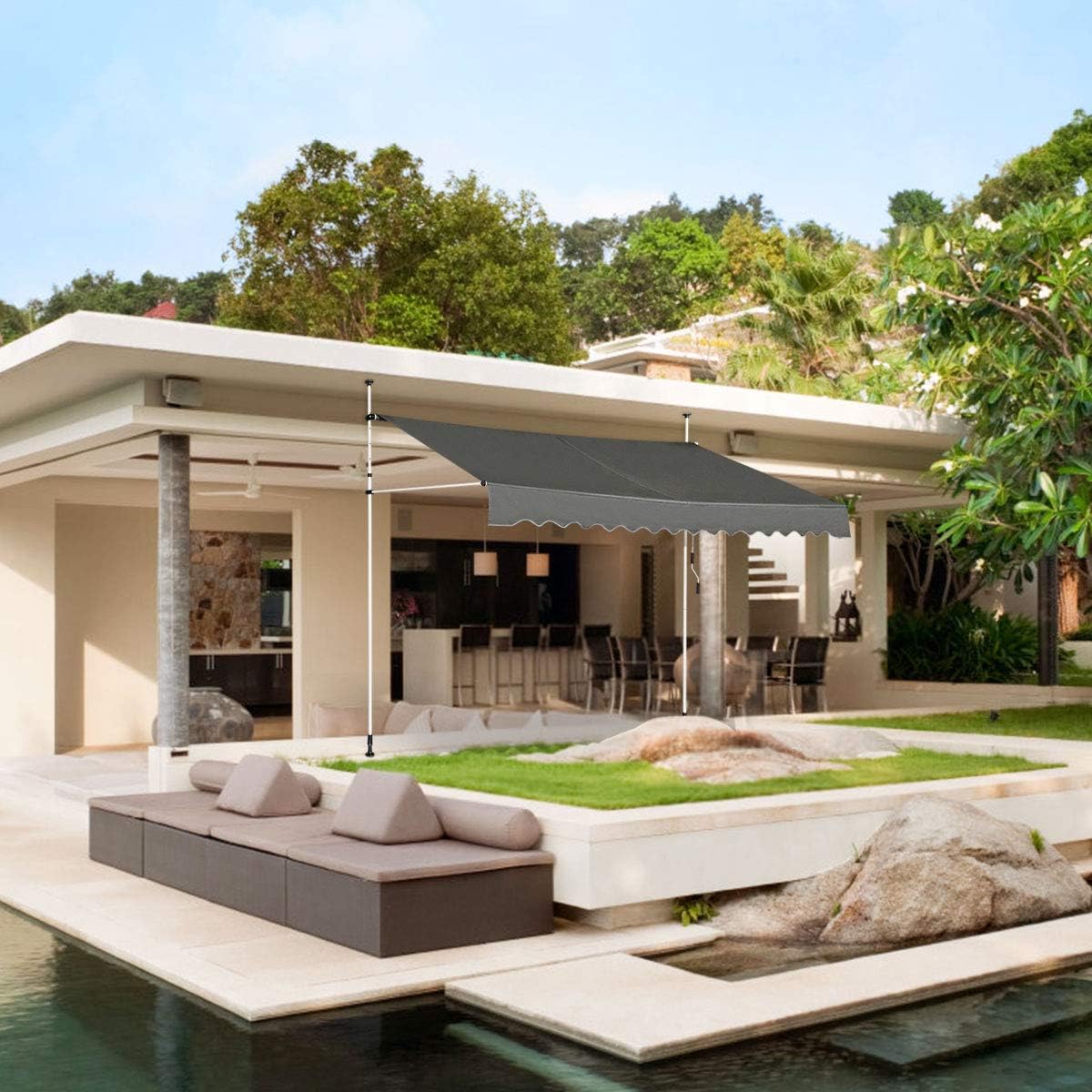 Store Banne Manuel Rétractable 3x1,75M en Aluminium-sans Perçage-Hauteur Réglable 2-3M-Auvent Banne de Balcon sur Pied,Gris - 5