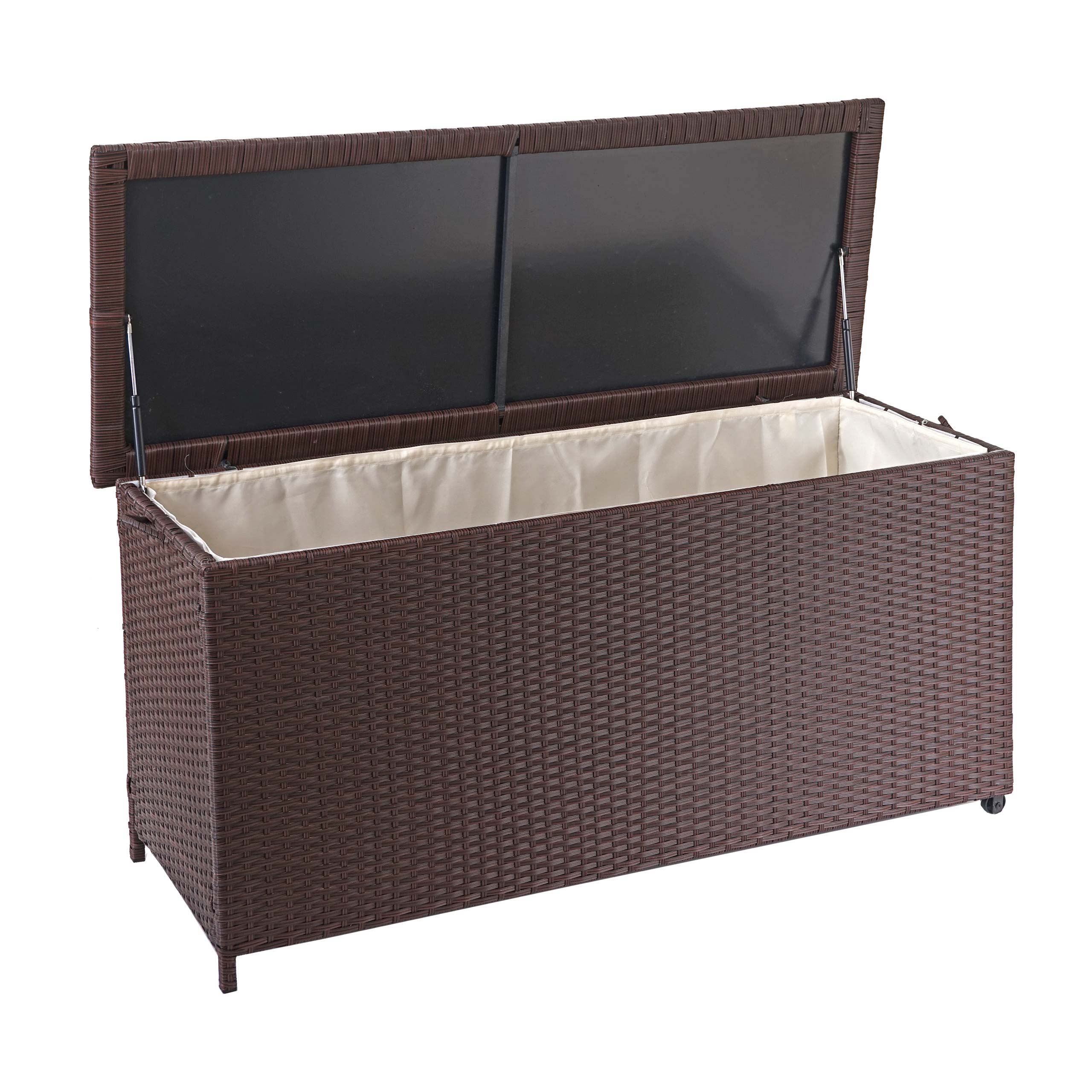 Skrzynia na poduszki z polirattanowym pokryciem HWC-D88, skrzynia ogrodowa na poduszki ~ Premium brązowa, 63x135x52cm 320l