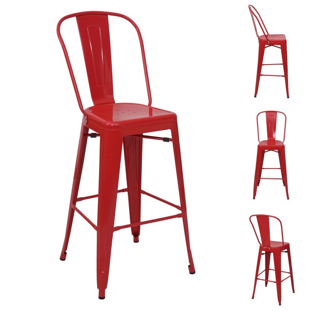 Zestaw 4 stołków barowych HWC-A73, stołek barowy z oparciem, metalowy, industrialny design ~ czerwony