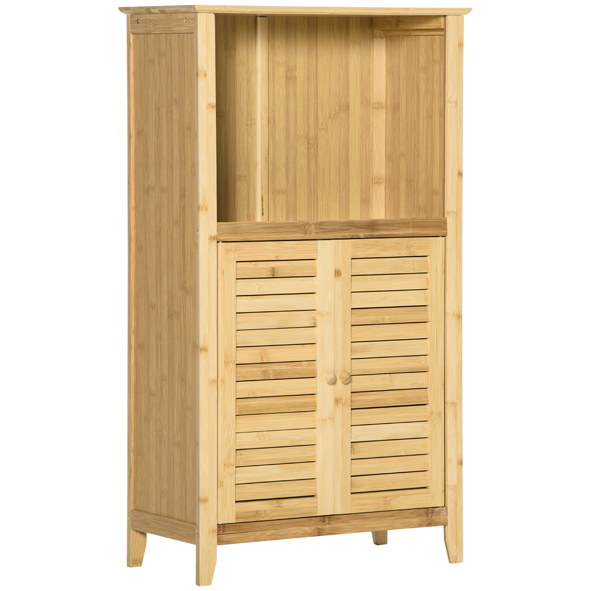Meuble Rangement Salle De Bain Bambou & MDF - 33x33x80 Cm, Étagère Ouverte + Porte à Pression, Blanc