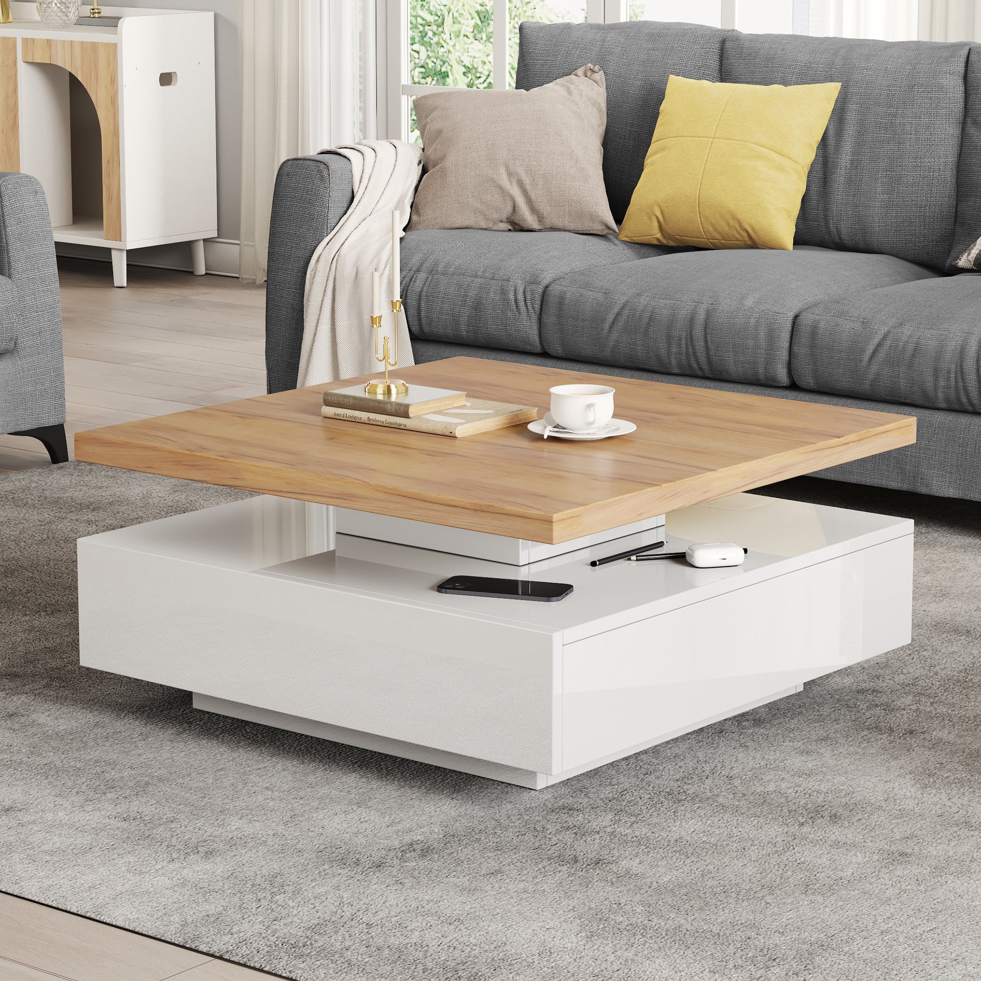 Table basse multifonctionnelle 360° tournante – Design laqué blanc, 2 ...