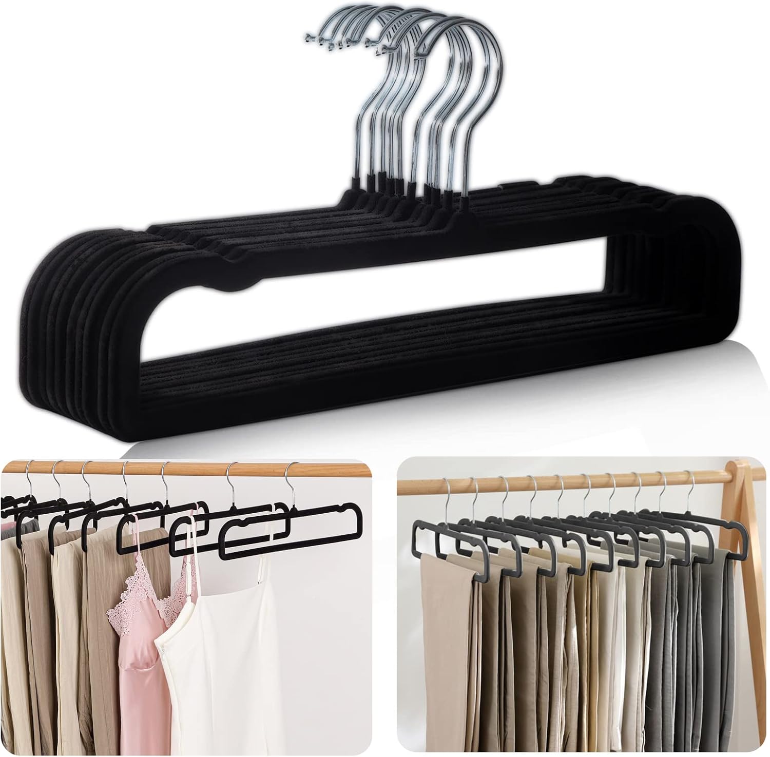 Lot De 10 Cintres Pantalon Velours Noir - Longueur 35 Cm, Crochet Pivotant 360° - Antidérapant, Gain De Place, Pour Jeans, Robes, écharpes