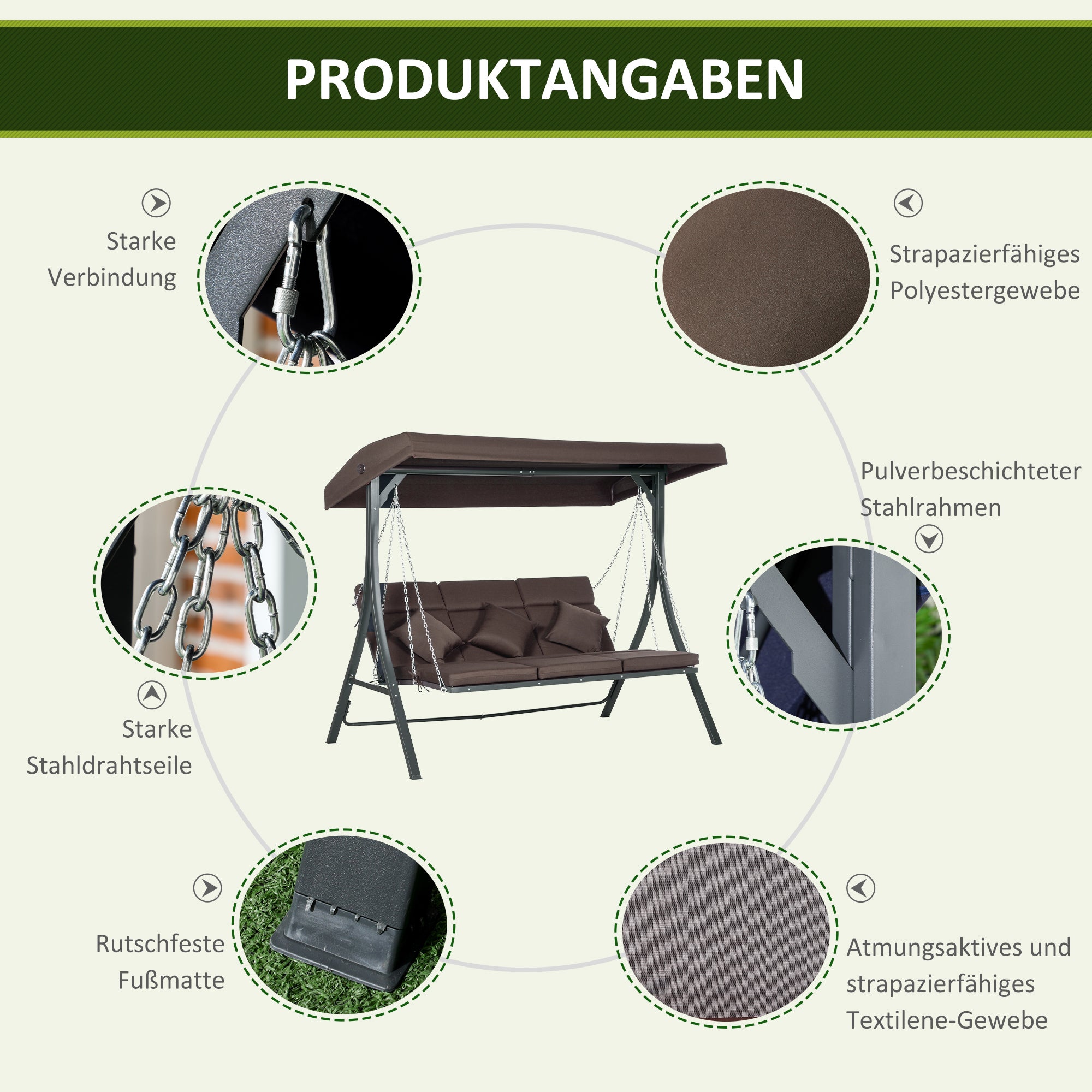 Cadeira de balanço 3 lugares 156x89x168 cm com telhado, almofadas, capacidade até 270 kg, estrutura de metal, marrom - 6