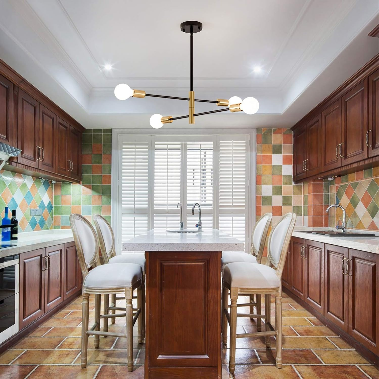 Żyrandol Sputnik w stylu retro, lampa wisząca 4-punktowa, lampa sufitowa w stylu industrial, nowoczesny żyrandol, białe światło (z żarówkami) - 5