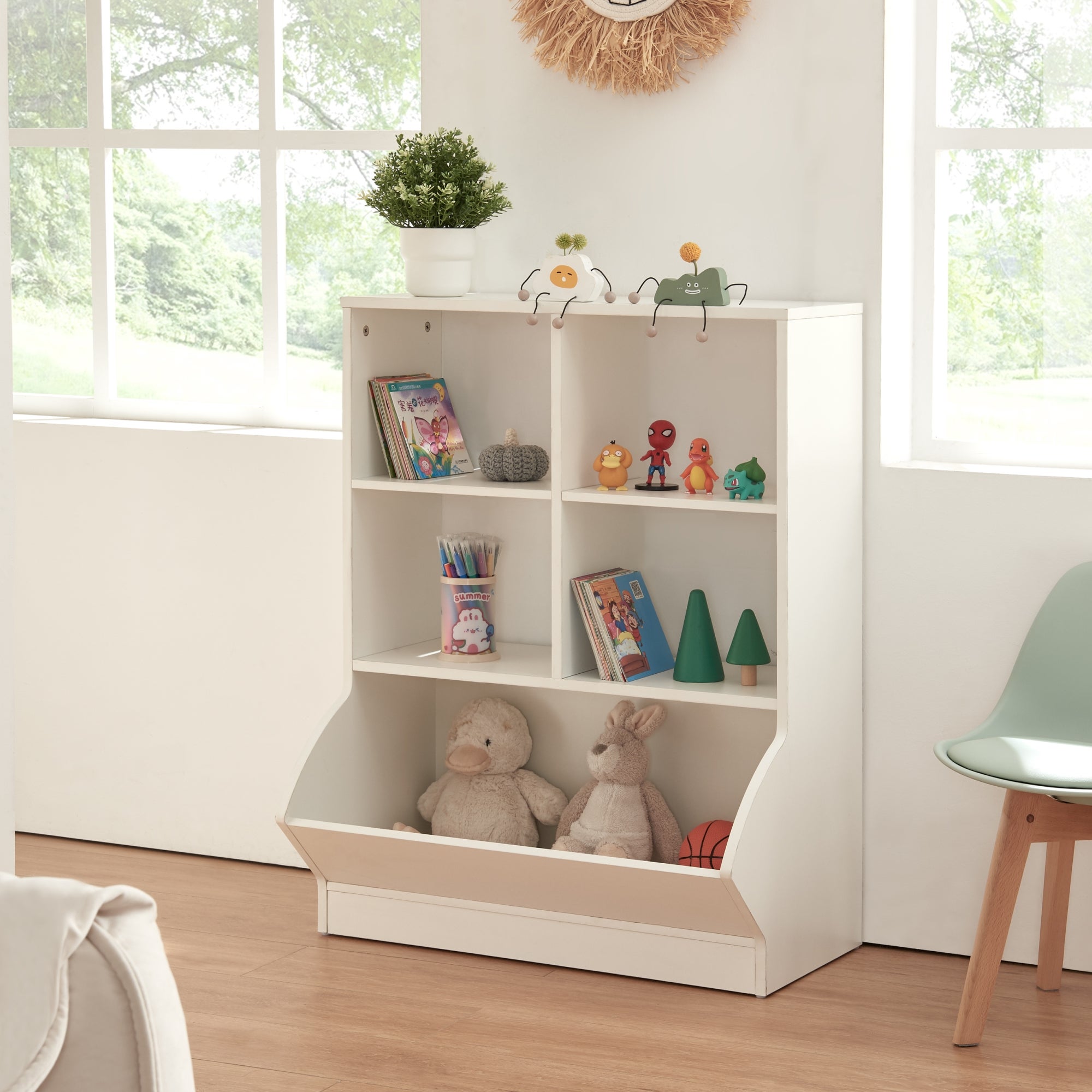 Étagère Enfant 3 Compartiments + 4 Boîtes Rangement - Motif Dinosaure 98x83x30cm Blanc Vert Jaune [en.casa]