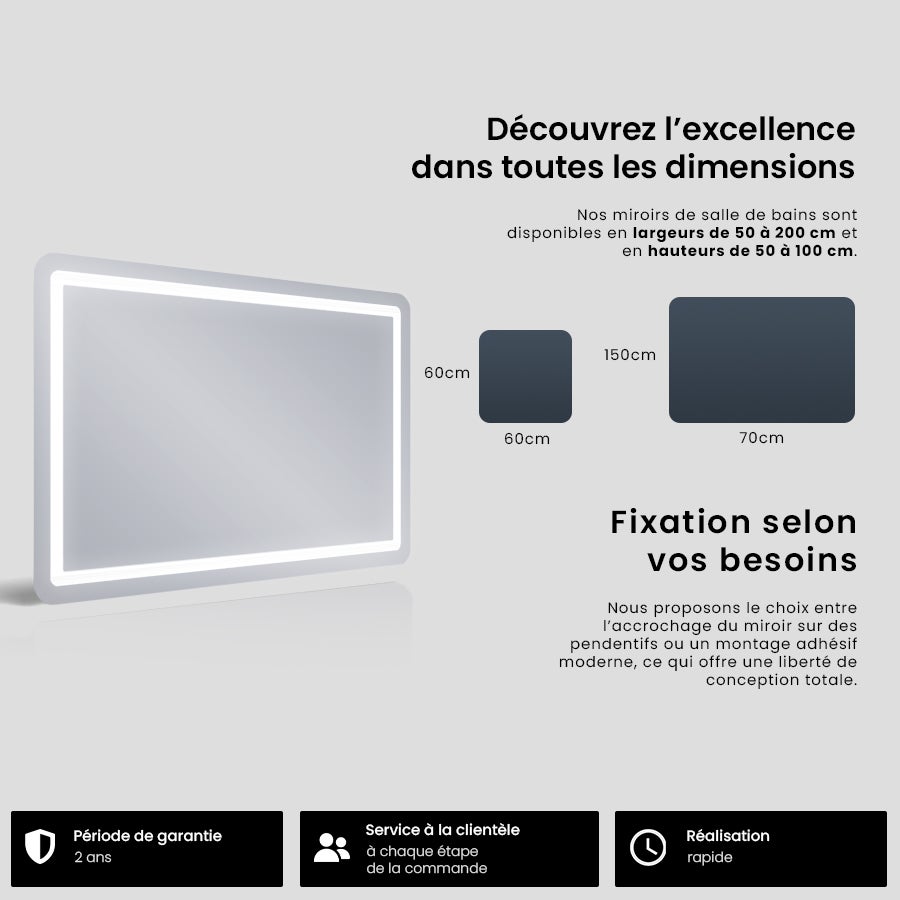 Miroir avec LED Illumination Salle de Bain - Siena | 120x50 cm | Miroir Mural Avec Éclairage | Blanc Froid 7000K - 7