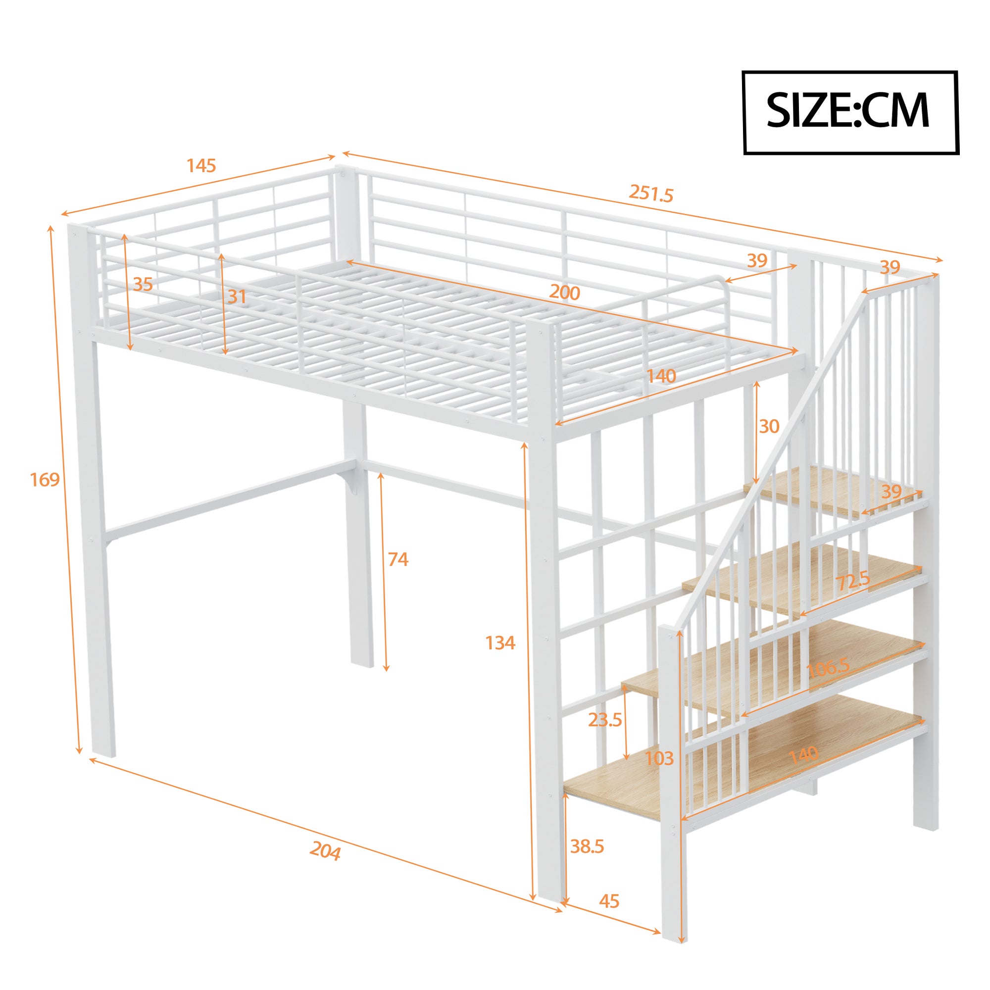 Lit mezzanine 140 x 200, construction métallique robuste avec un espace de rangement généreux sous le lit et l'escalier,blanc - 4