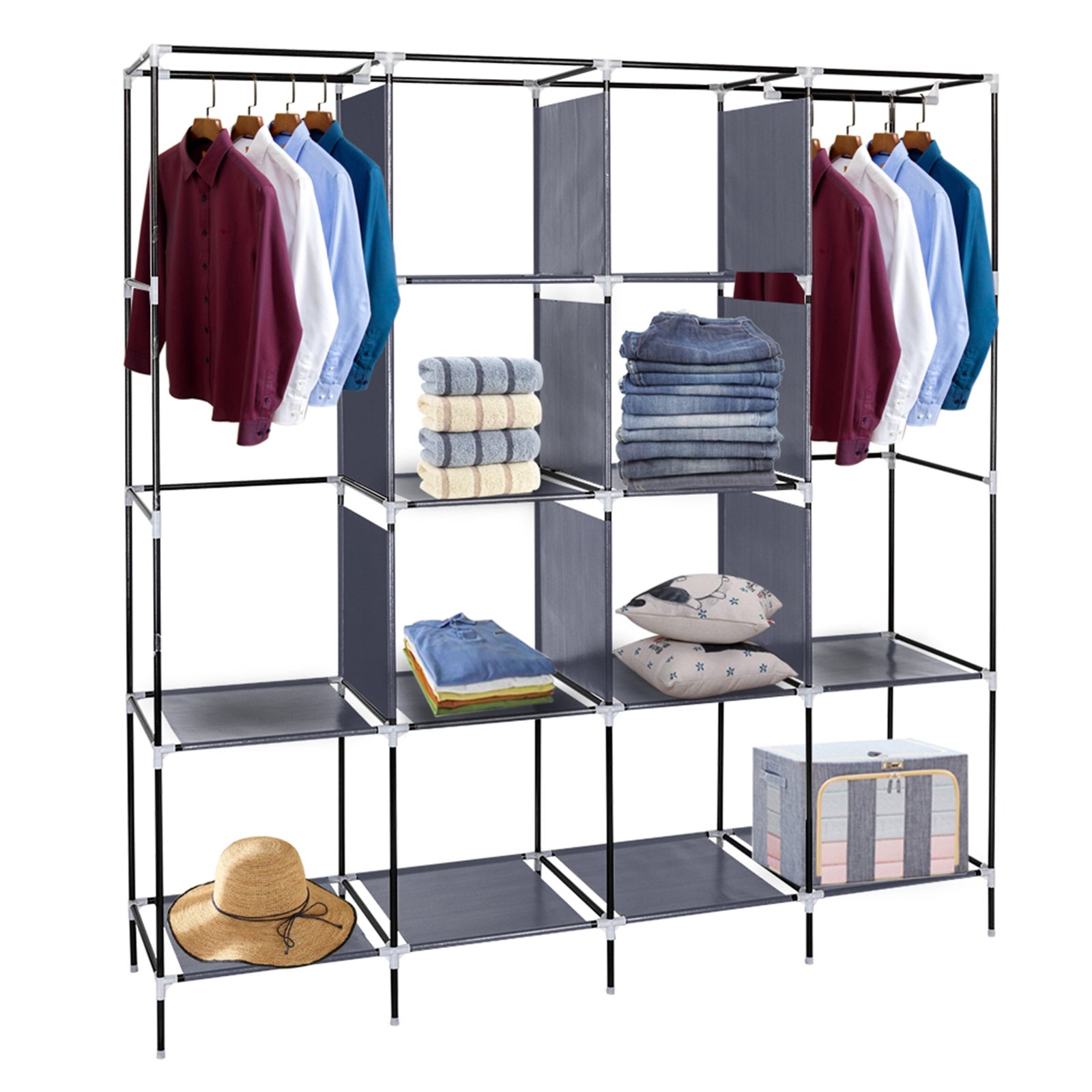 Organisateur de rangement pour armoire portable avec support suspendu en tissu non tissé, gris, 12 compartiments, 169,5 x 44 x 181,5 cm - 3