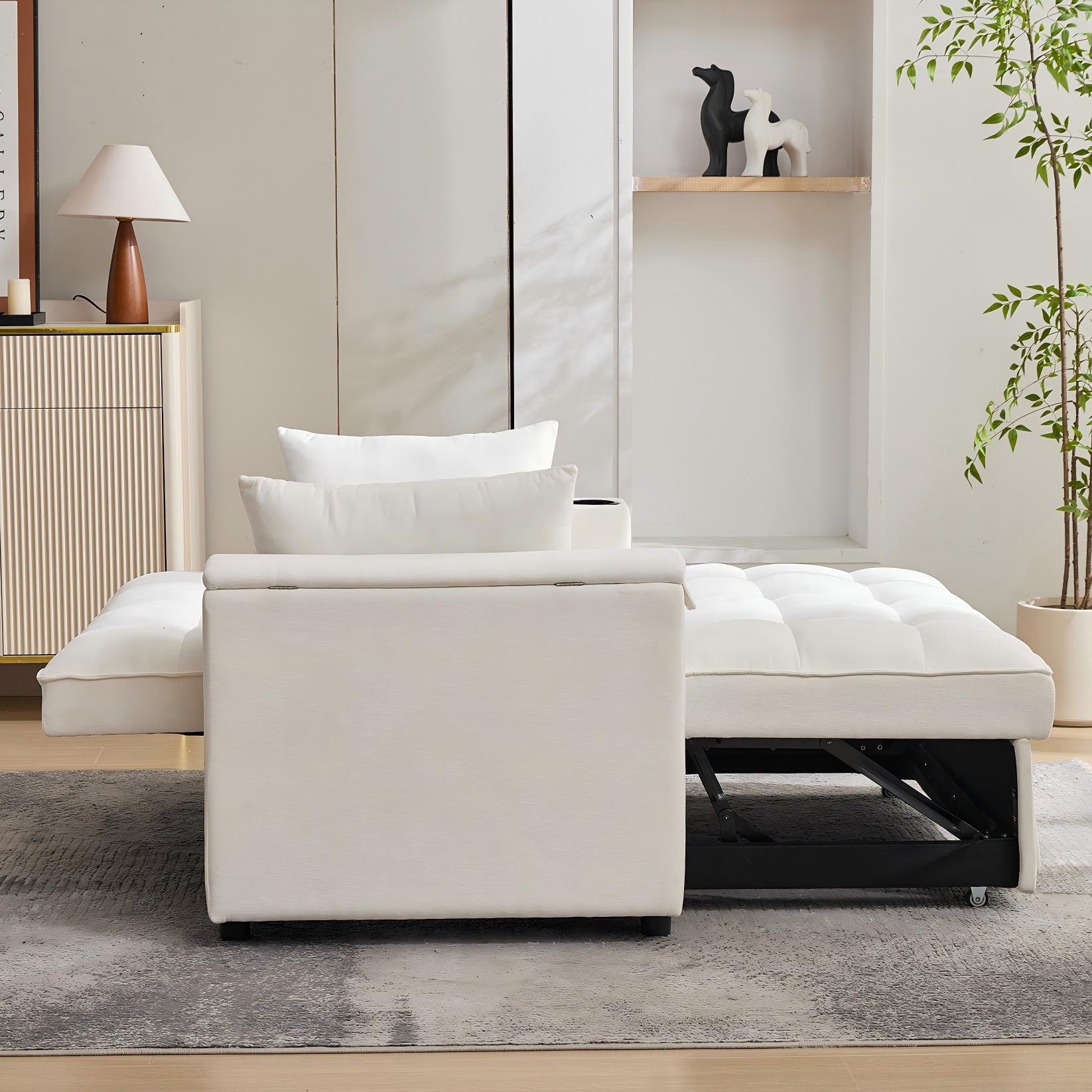 Canapé convertible 2 personnes 140.5x74x82 cm - Dossier réglable - Port USB - Porte-gobelet - Petite table d'appoint - Beige - 5