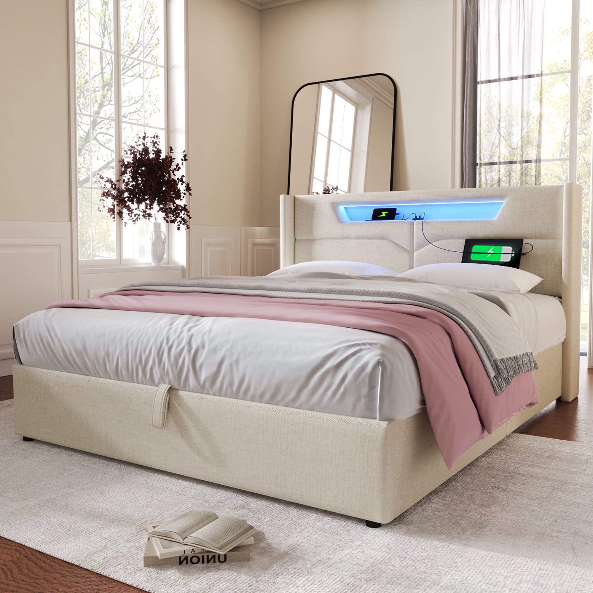 Cama arcón doble, lino, carga USB tipo C e iluminación LED, (140 x 200 cm, beige, sin colchón) - 3