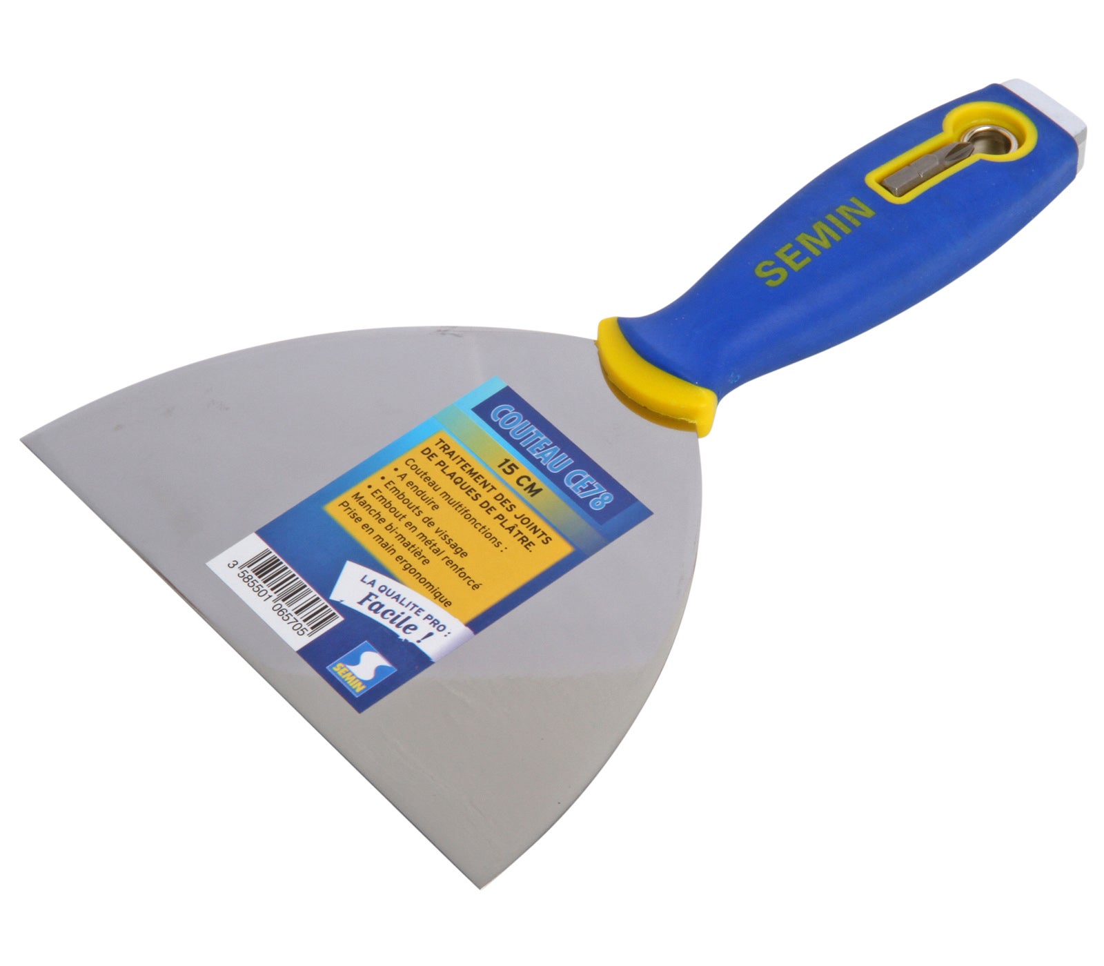 Pack Semin comprenant 1 bande grillagée adhésive pour joints, 20 m, 1 enduit 2 en 1 multifonctions - seau de 7 kg et 2 couteaux à enduire 10 & 15 cm - 5