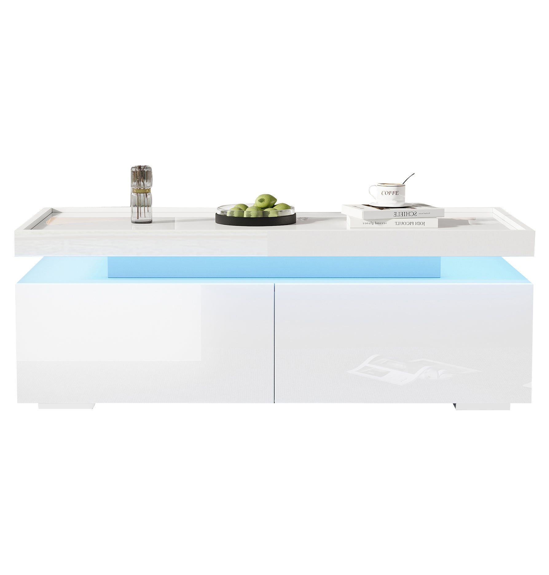 Stolik kawowy z 2 szufladami, stolik pomocniczy - 95 x 45 x 35 cm - Diody LED - Płyta wiórowa - Biały połysk - 5