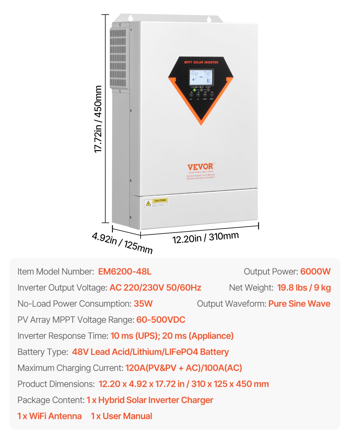 Onduleur Solaire Hybride 6000W, Chargeur Sinusoïdal Pur Tout-en-un, 48V CC vers 220/230V CA, MPPT 120A Intégré, pour Systèmes Photovoltaïques VEVOR - 7