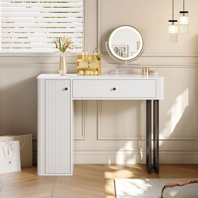 Toletta con specchio LED, 1 cassetto e 1 anta - L100 × H116 × P40 cm - Pannello truciolare - Bianco (senza sgabello)