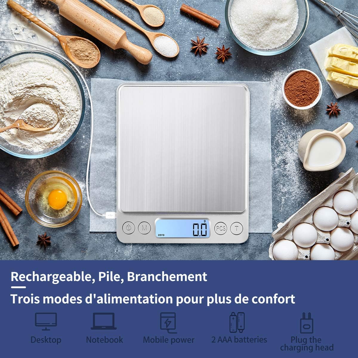 Cyfrowa waga kuchenna z akumulatorem USB, 3 kg/0,1 g, precyzyjna waga do pieczenia i żywności, platforma wagowa ze stali nierdzewnej - 2