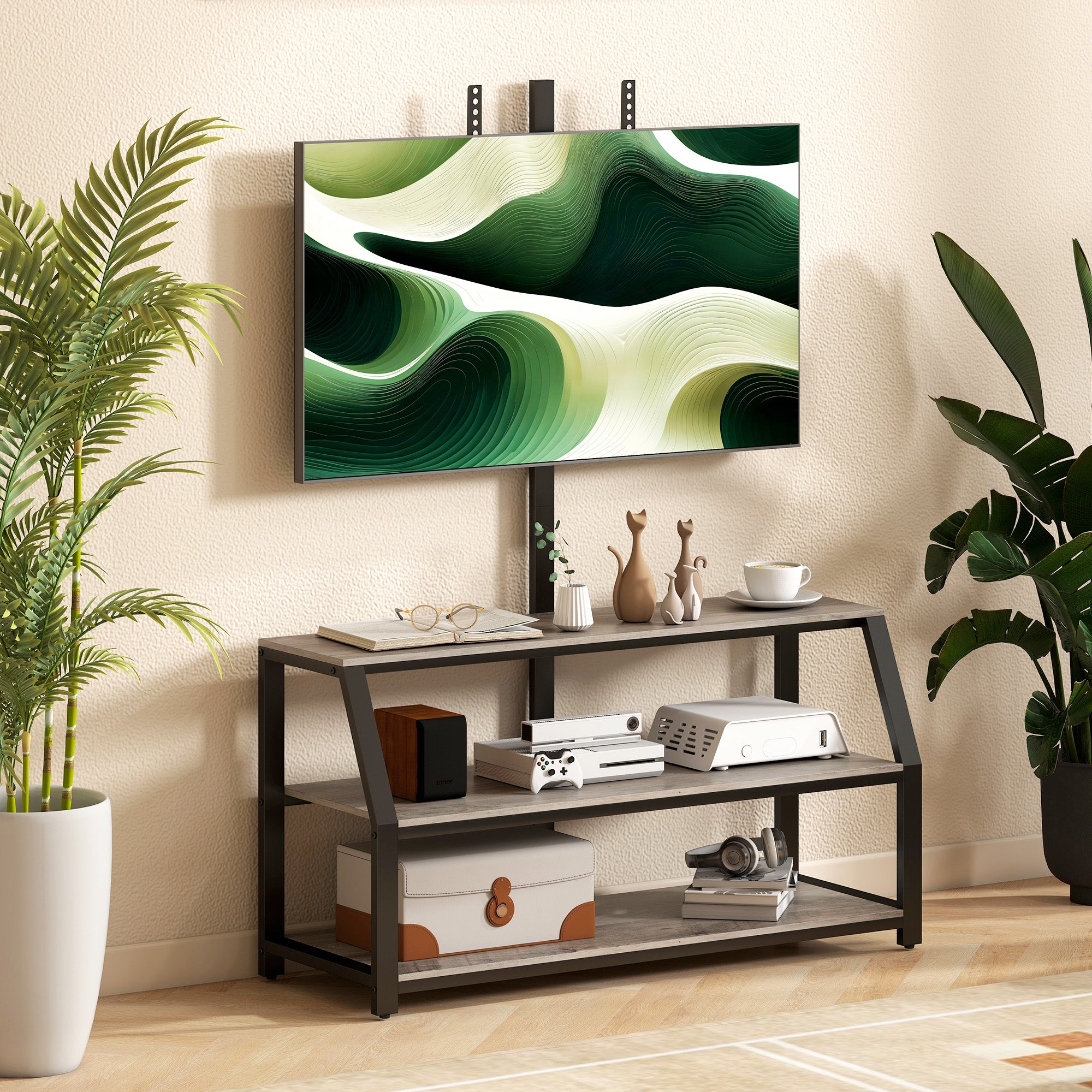 Meuble tv avec support pour téléviseurs jusqu'à 72 pouces meuble télé avec 2 étagères ouvertes gris 110x43x150cm finition de qualité - 9