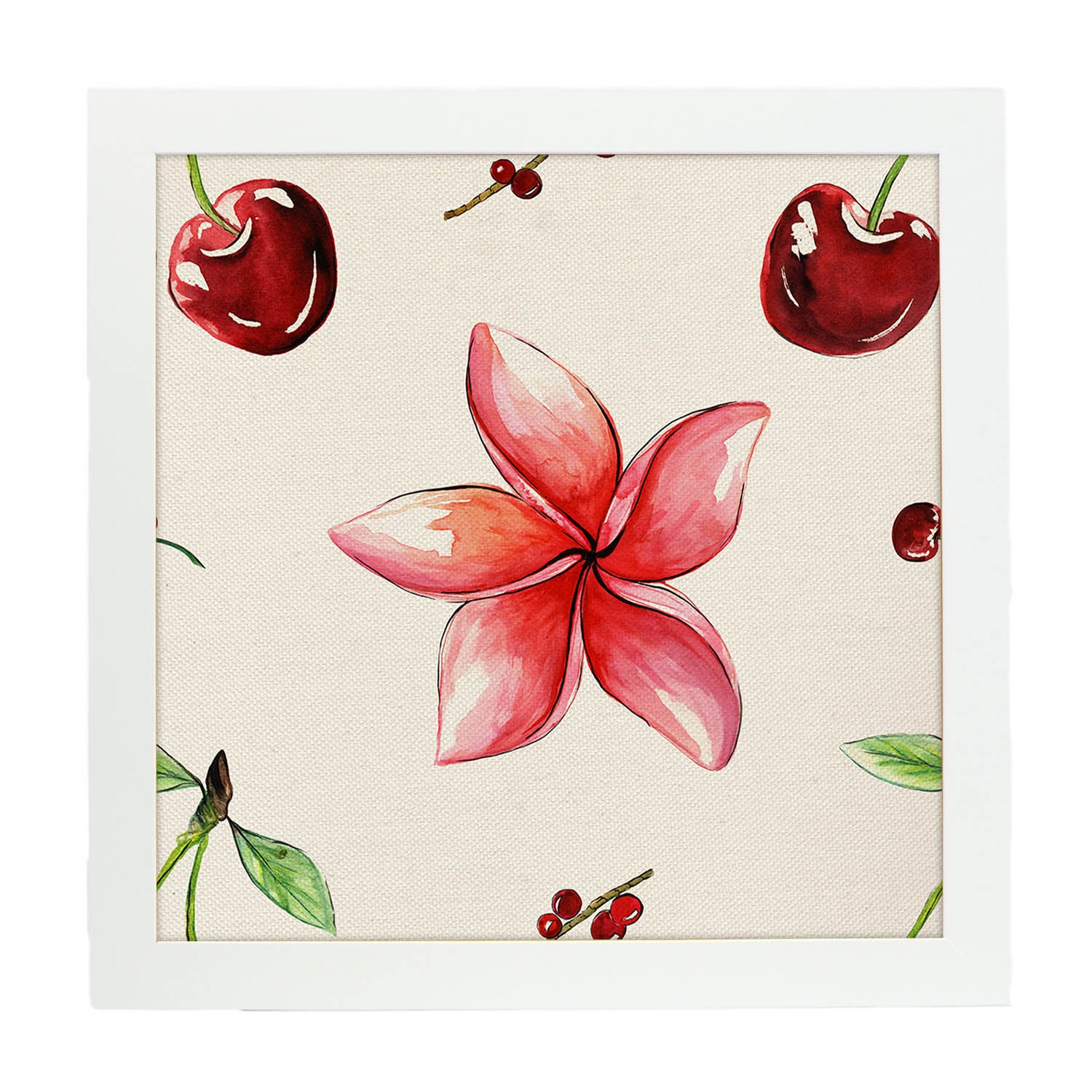 Affiche De Fleur Et De Nature. Fleurs Et Cerises De Lame Carrée, Illustrées De Dessins De Couleur. Sans Cadre - 2