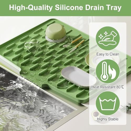 Questo tappetino scolapiatti in silicone è impermeabile e presenta un design antiscivolo e assorbente. È adatto ai lavelli della (40 x 32,5 cm, verde) - 3