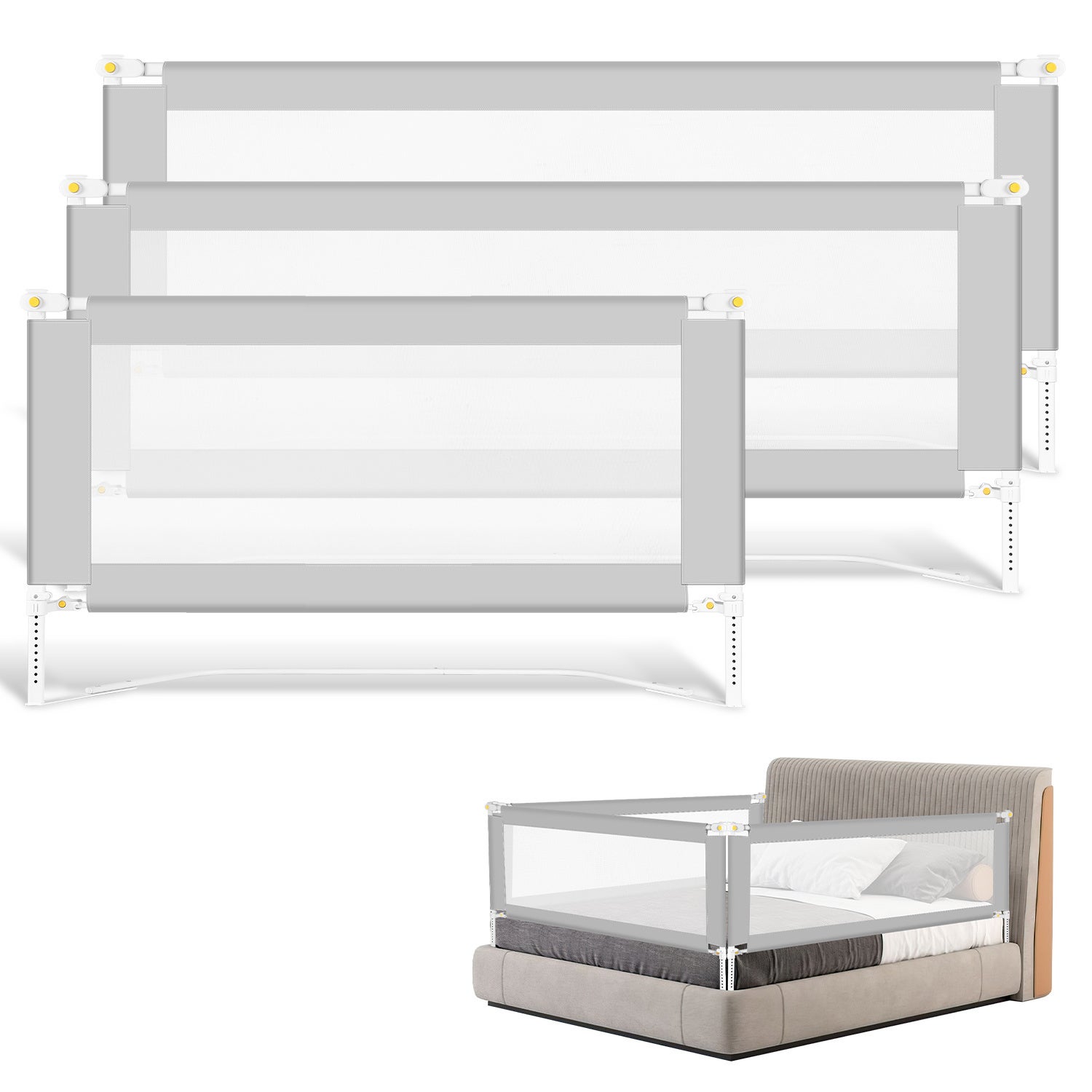 Barrera de cama para niños, barrera de seguridad para cunas con bloqueo anticaída, barrera ajustable en altura, rieles ajustables - 150+200+200 cm