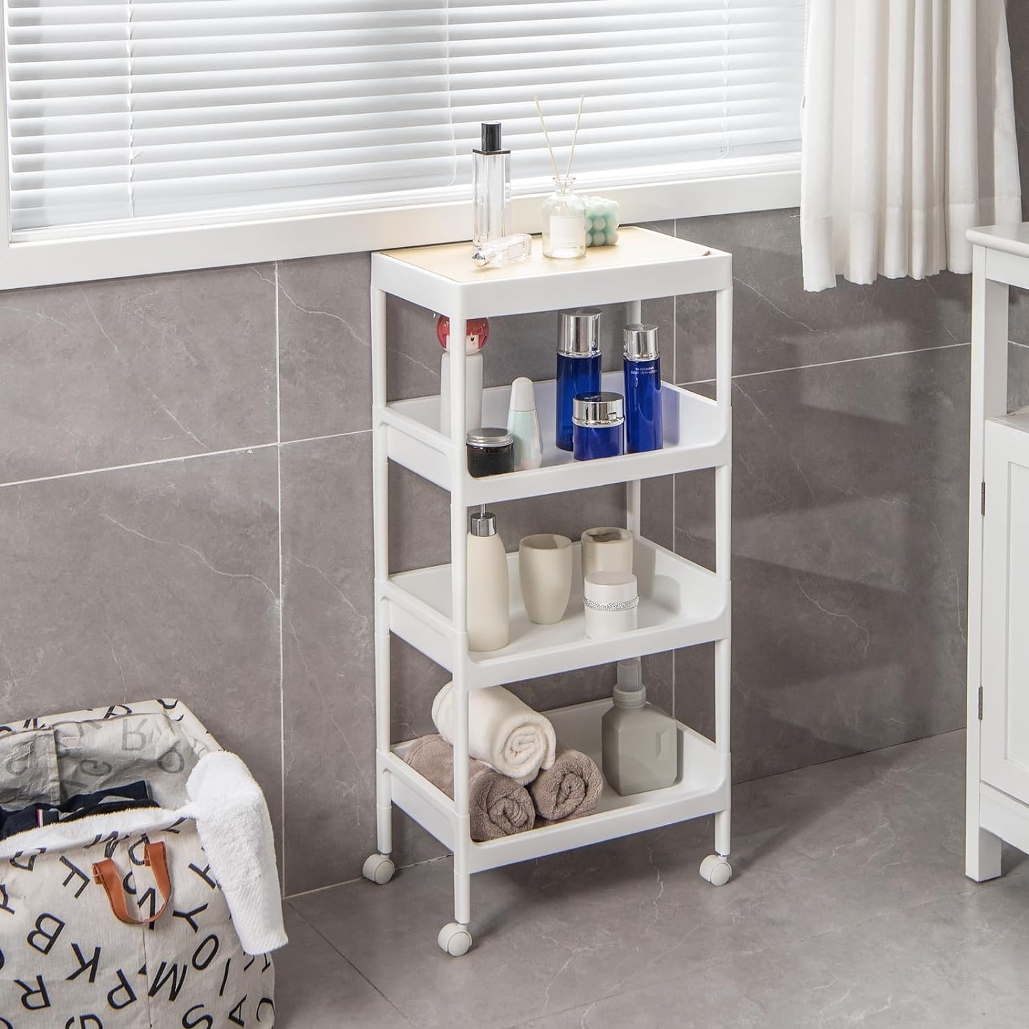 Carrello da Cucina a 3/4 Piani, Carrello con Vassoio Staccabile e Ruote Bloccabili, Carrello Multiuso per Cucina Bagno Lavanderia Spazi Strett - 2