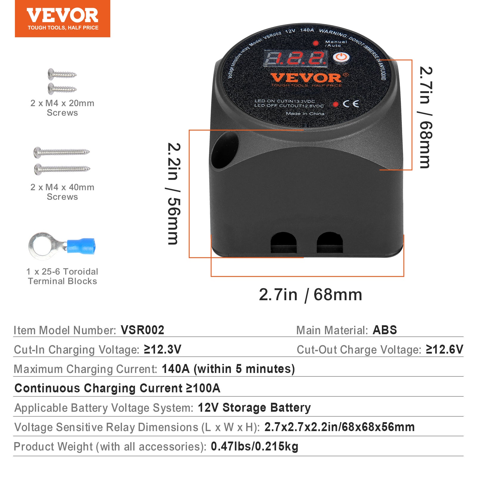 Isolateur batterie double,VEVOR 12V140 A,relais sensible tension VSR avec écran LCD,modes manuel automatique pour ATV,UTV,camping-car tout-terrain - 7